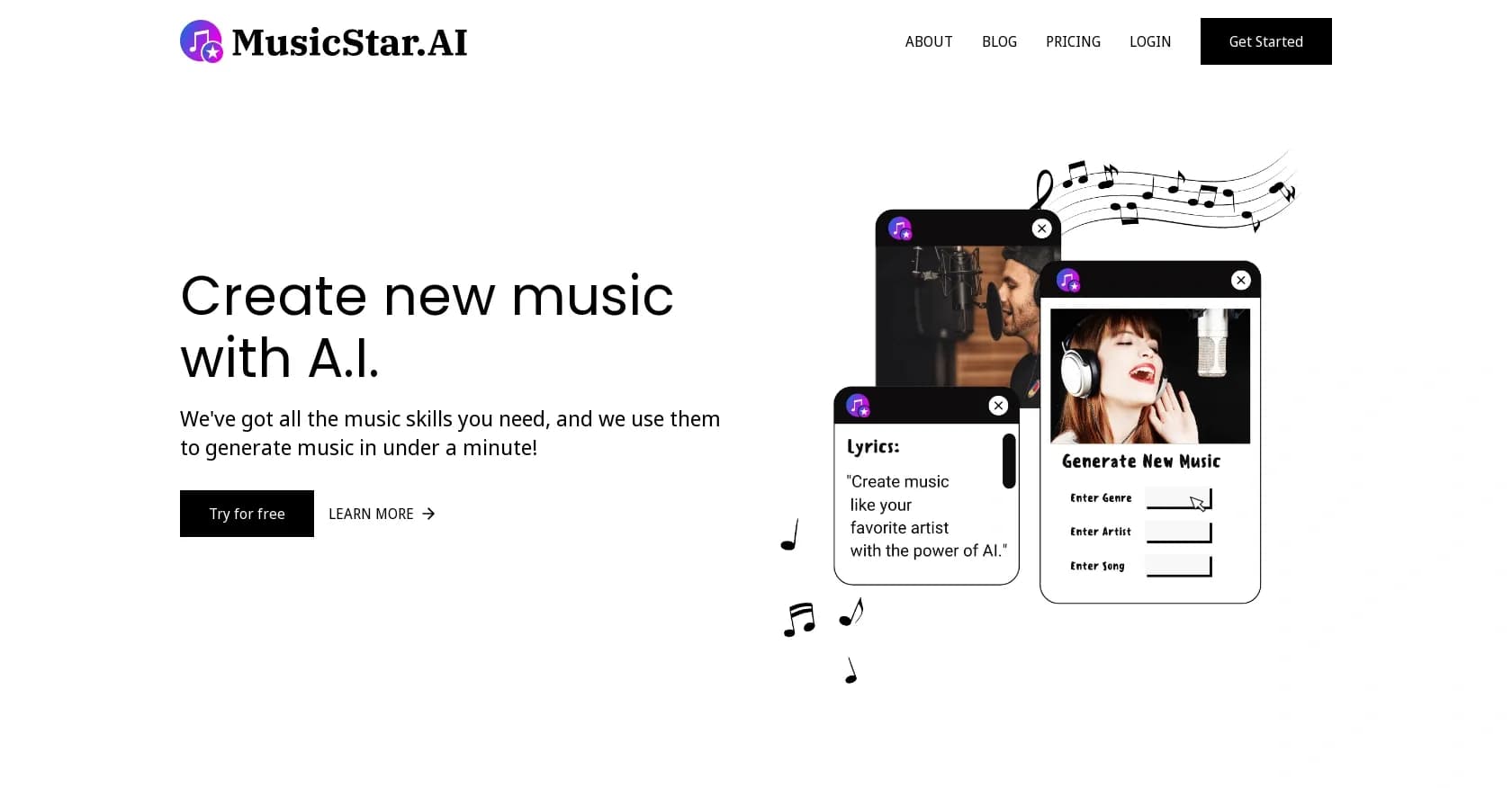 MusicStar.ai homepage screenshot — Personalized music with automated genre and lyrics.