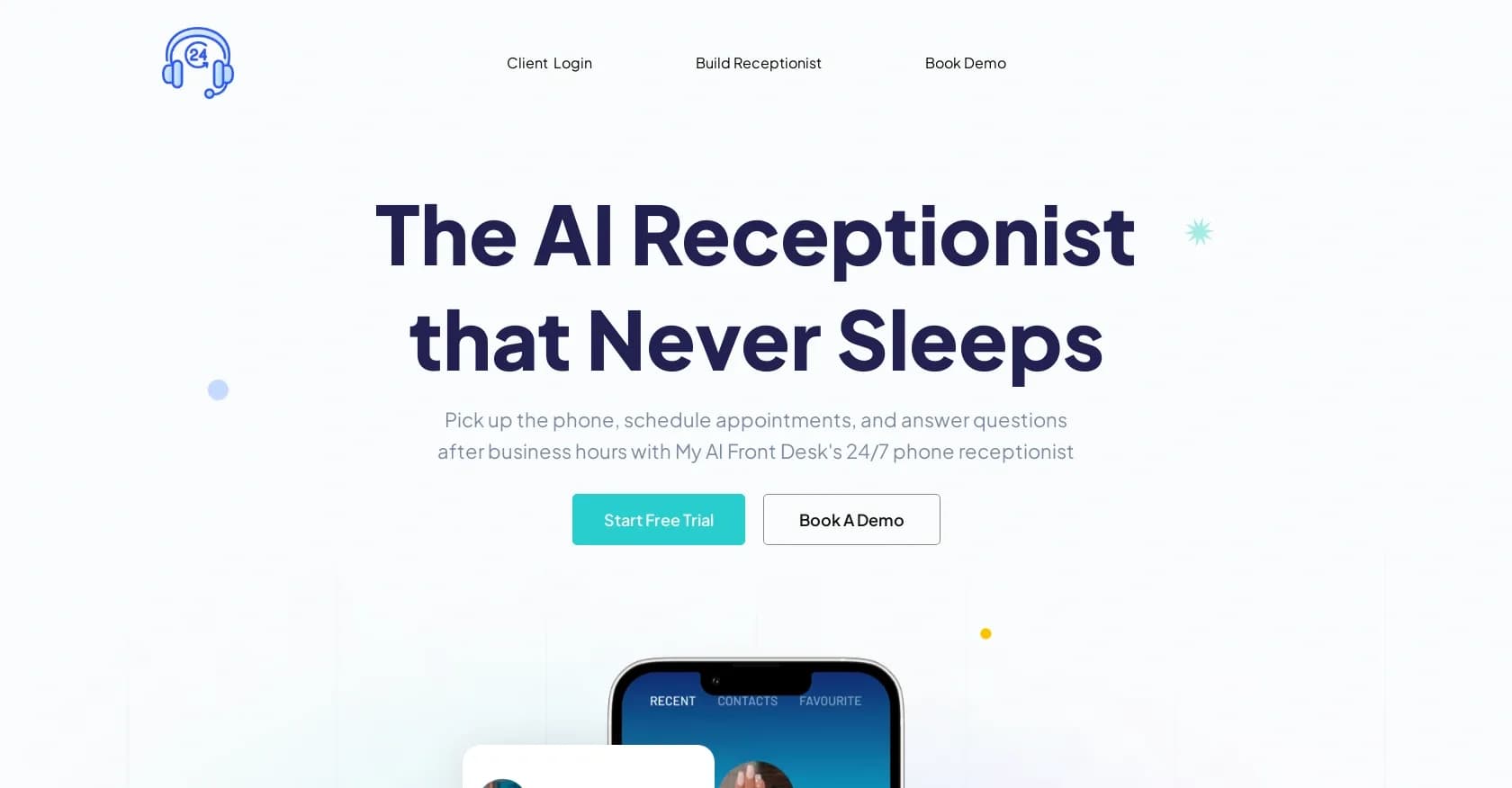 My AI Front Desk homepage screenshot — 24/7 AI phone receptionist for small businesses