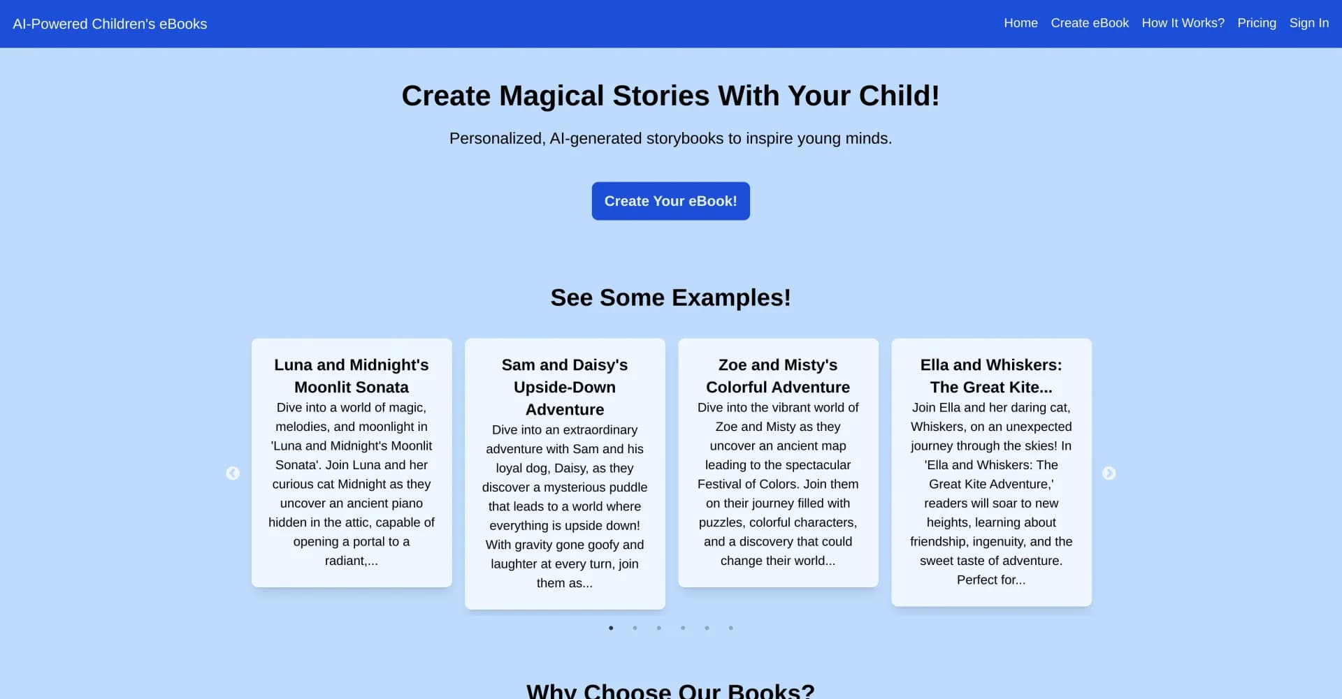 My AI Story homepage screenshot — Create AI-powered personalized storybooks for kids.