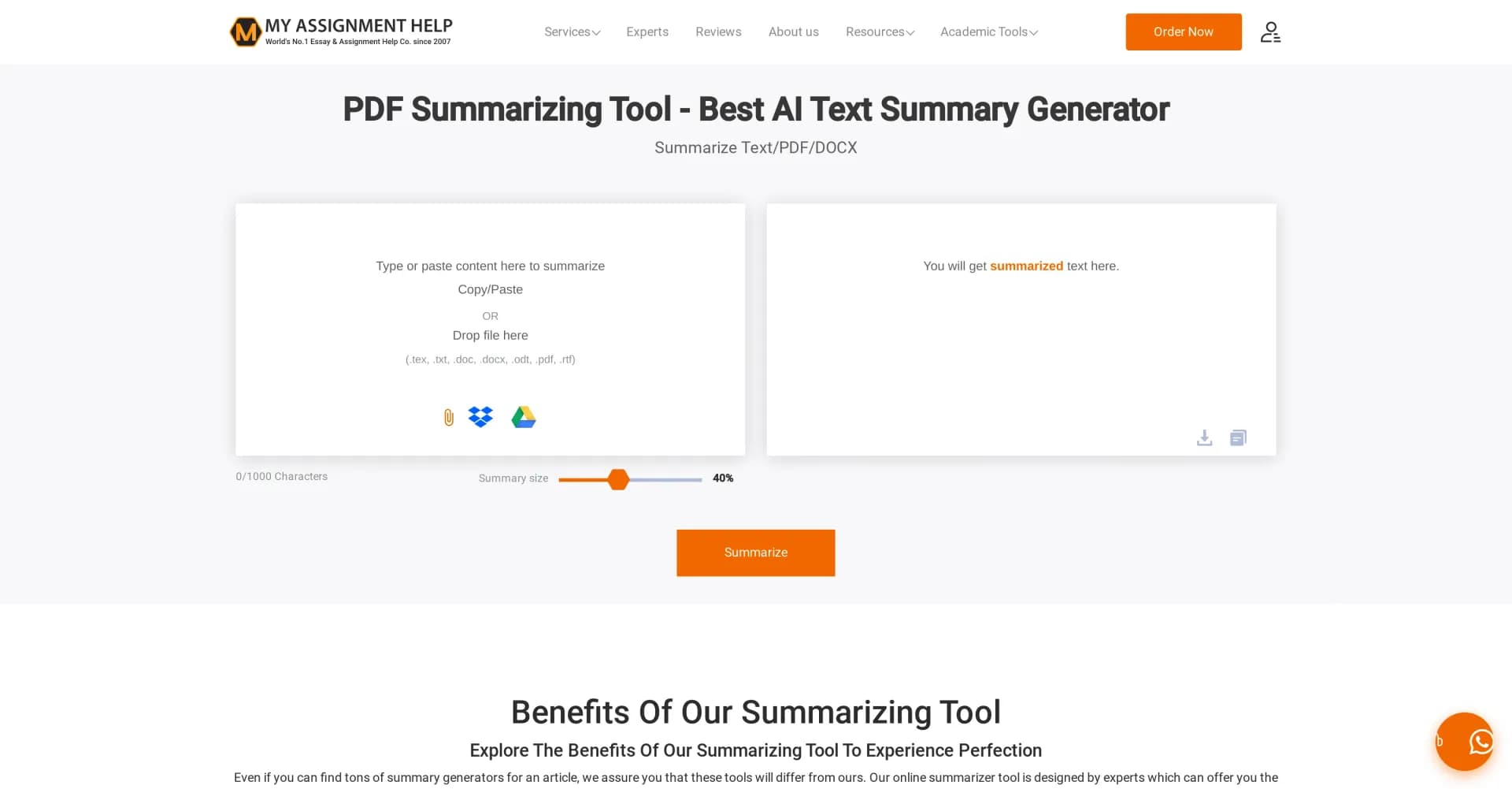 My Assignment Help homepage screenshot — Effortlessly summarize PDFs into concise insights.