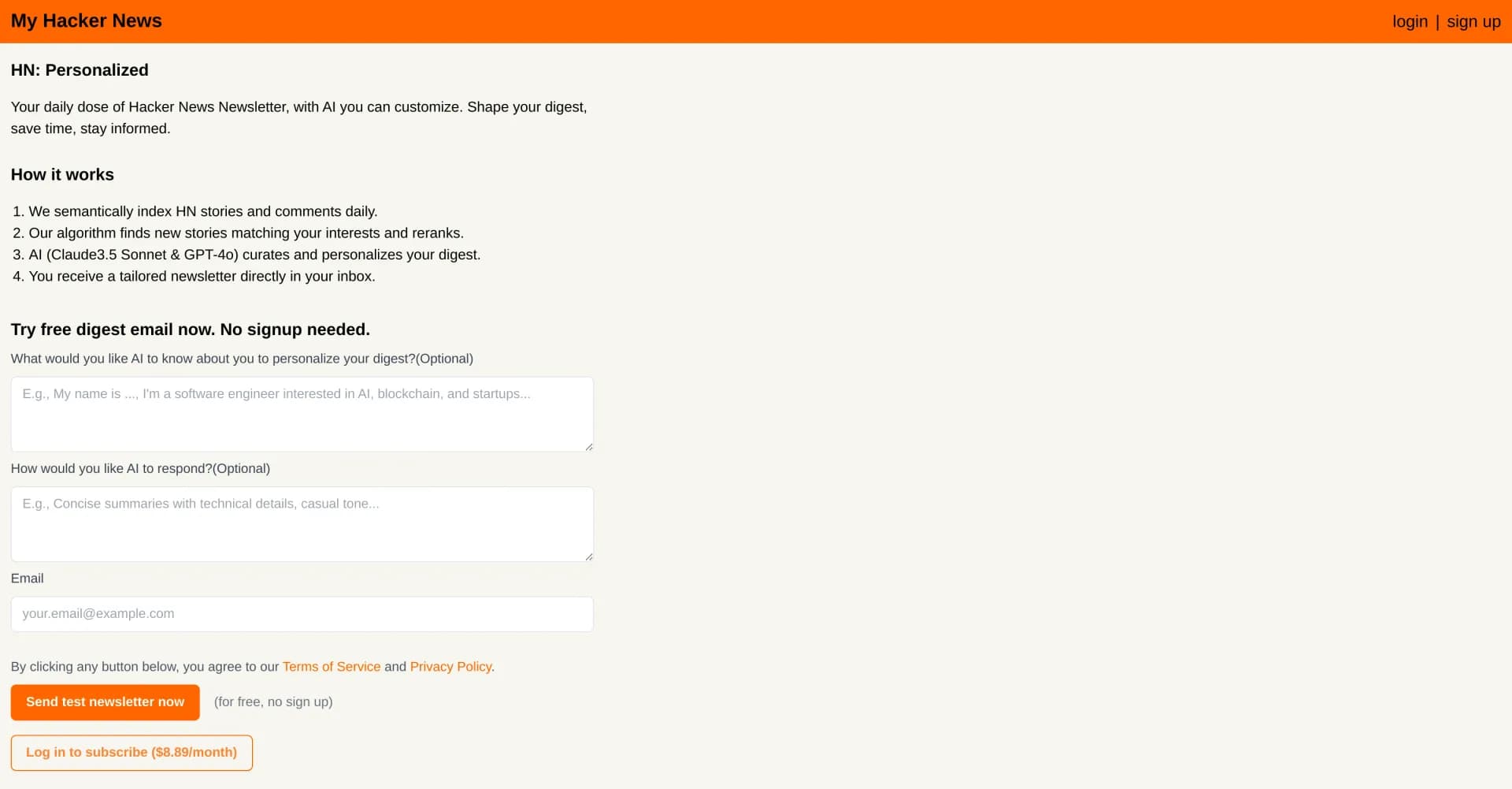 My Hacker News homepage screenshot — Personalized Hacker News digest powered by AI