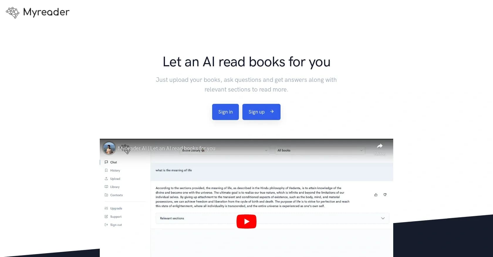My reader homepage screenshot — AI book assistant: Upload, ask, explore answers instantly.