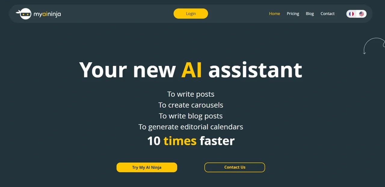 myAIninja homepage screenshot — AI-powered content creation for social media, 10x faster