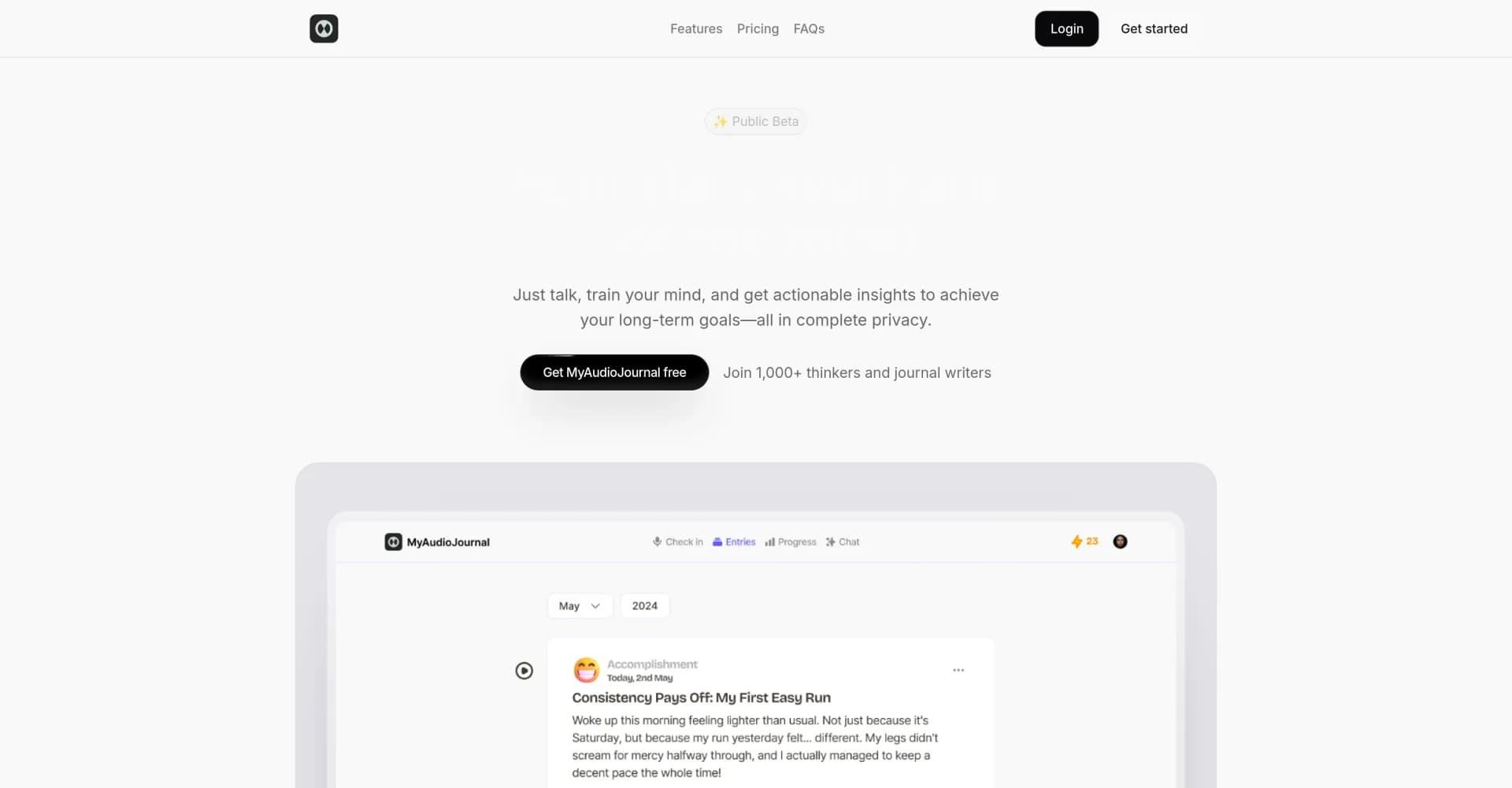 MyAudioJournal homepage screenshot — Your daily workout for the mind