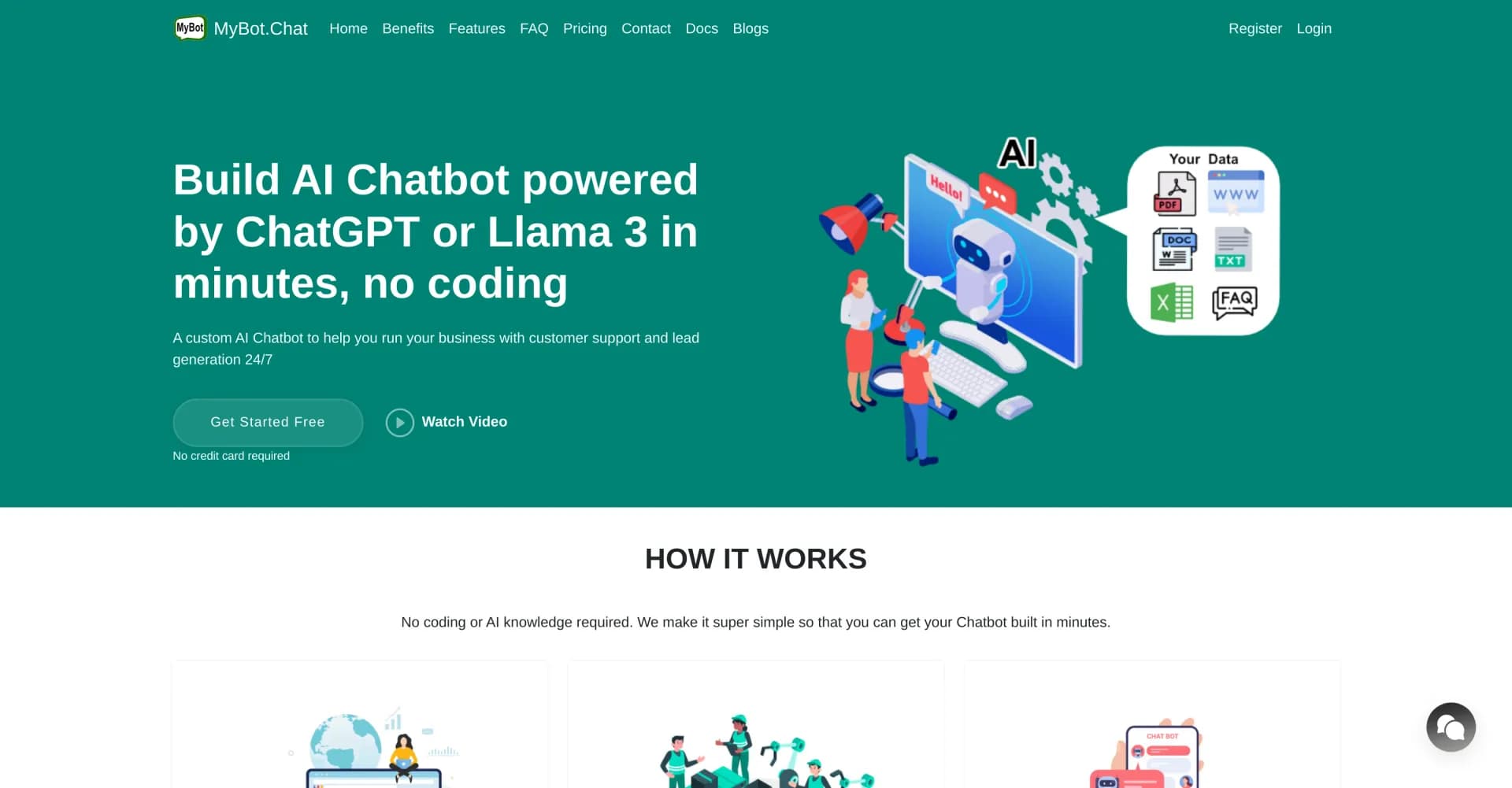 MyBot.Chat homepage screenshot — Build AI chatbots for customer support in minutes, no coding