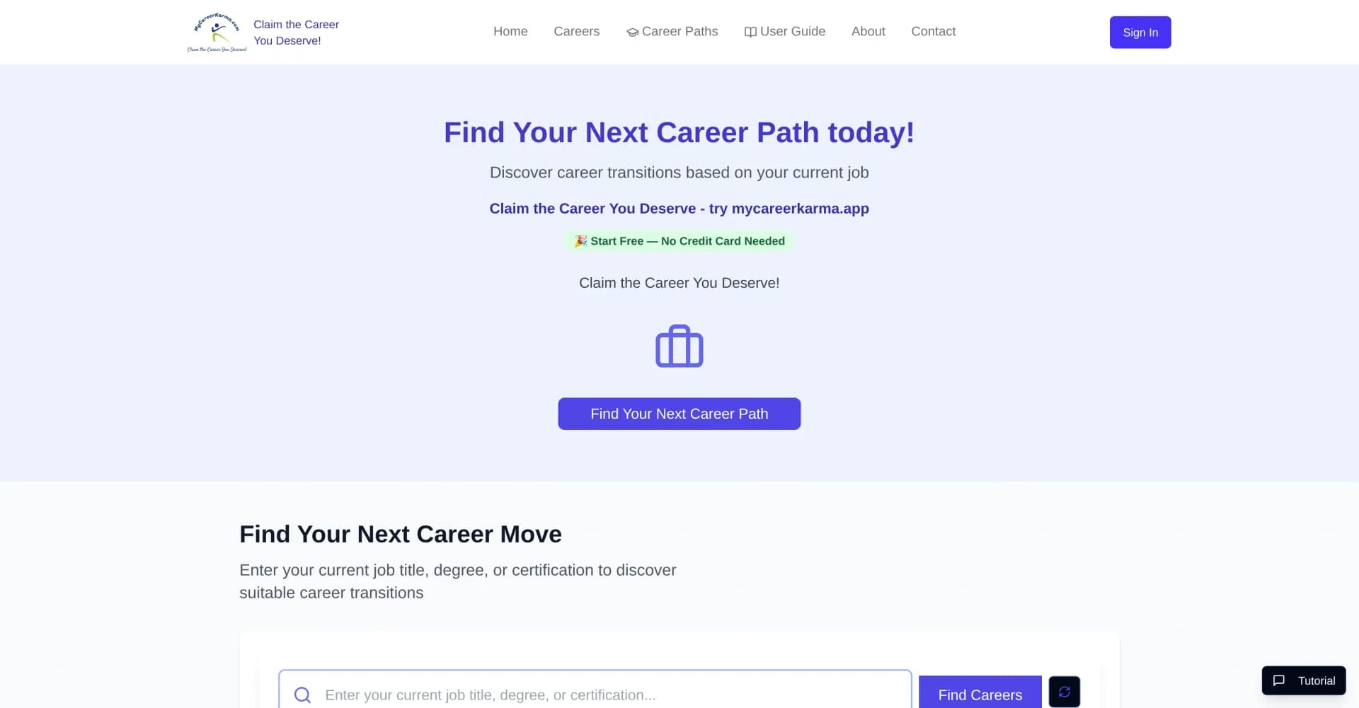 MyCareerKarma homepage screenshot — Your AI-Powered Guide to a Better Career.