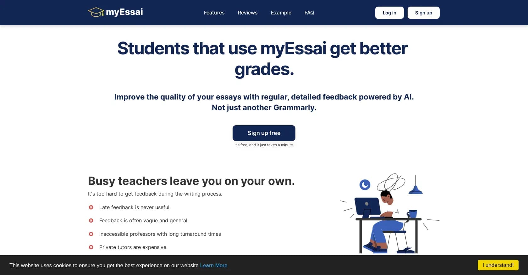 Myess homepage screenshot — AI-powered instant essay feedback for better grades.