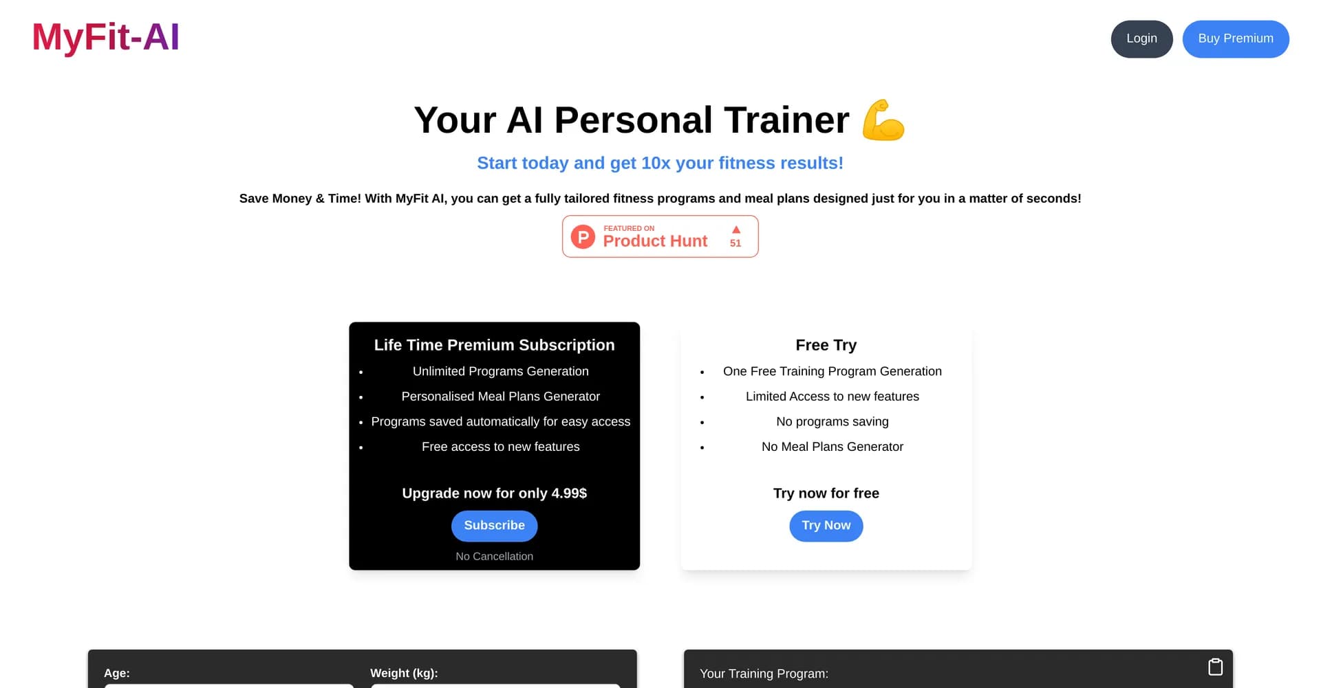Myfit-AI homepage screenshot — AI-powered fitness coaching tailored to you.