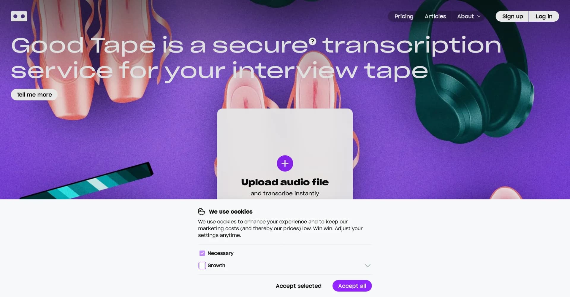 Mygoodtape homepage screenshot — Secure transcription for interviews, any language or quality