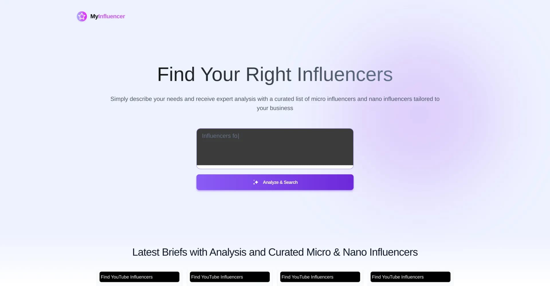 MyInfluencer homepage screenshot — Find the perfect influencers for your brand instantly.