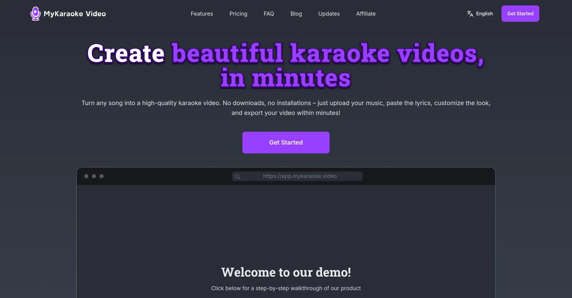 MyKaraoke Video homepage screenshot — Create beautiful karaoke videos in minutes.