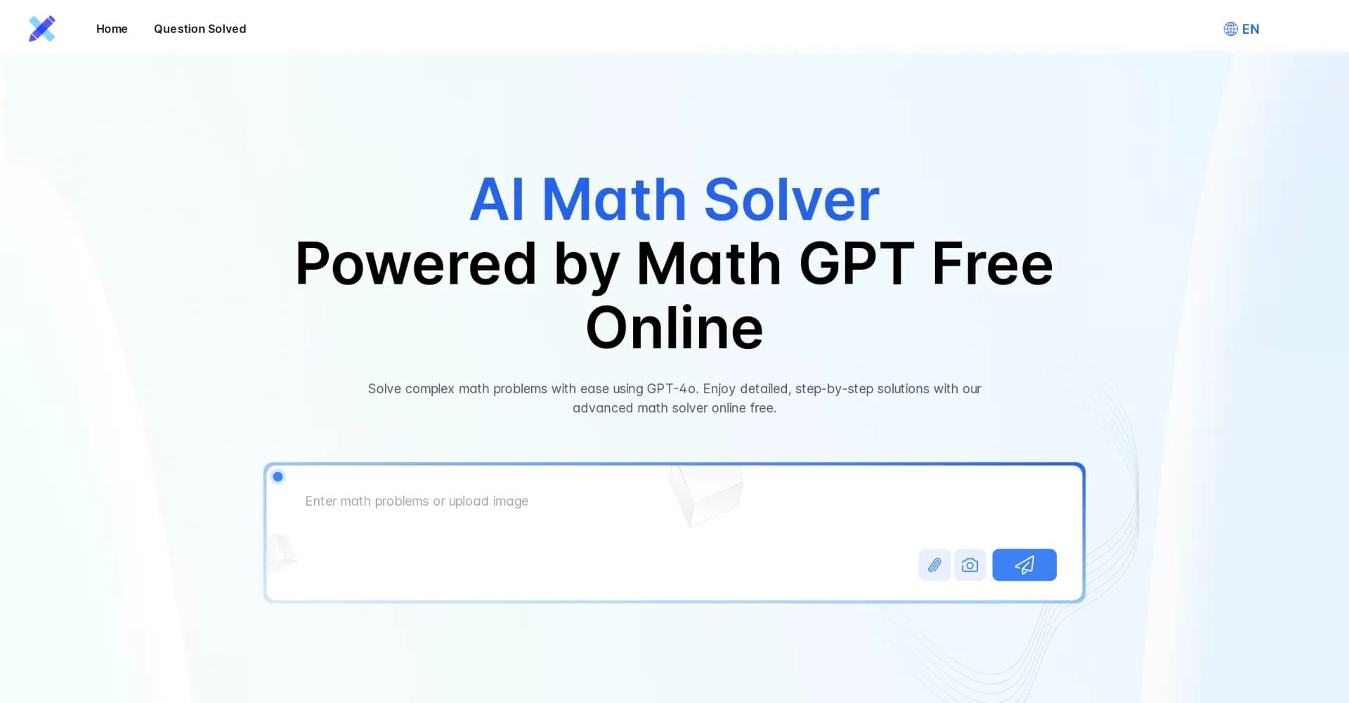 MyMathSolver homepage screenshot — Solve complex math problems with AI-powered precision.