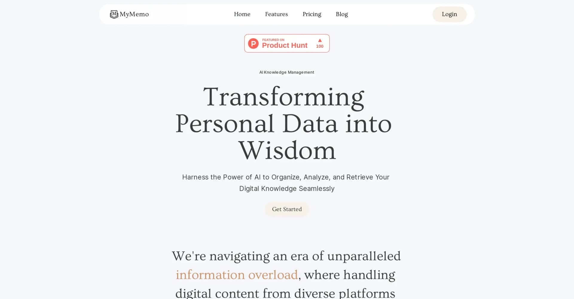 MyMemo homepage screenshot — Transform personal data into actionable wisdom.