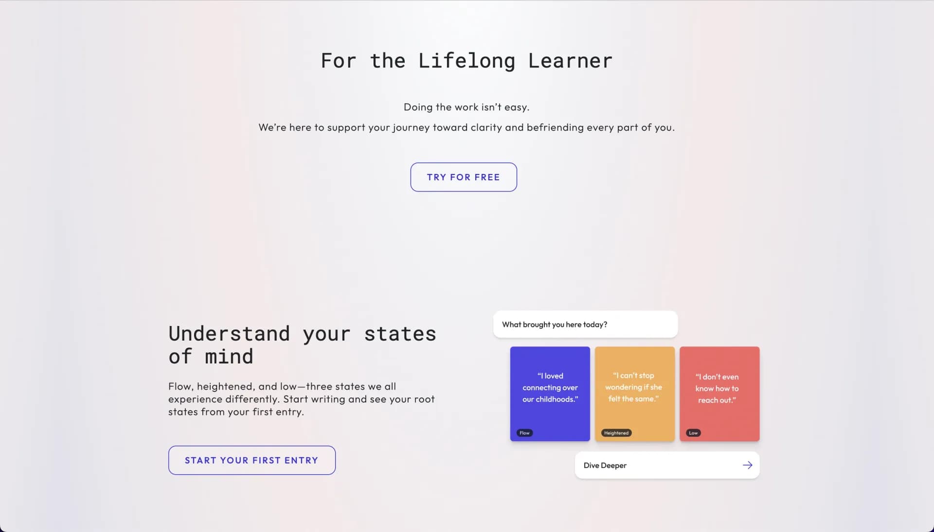 Mynd homepage screenshot — Self-care app detects patterns & insights in journaling.