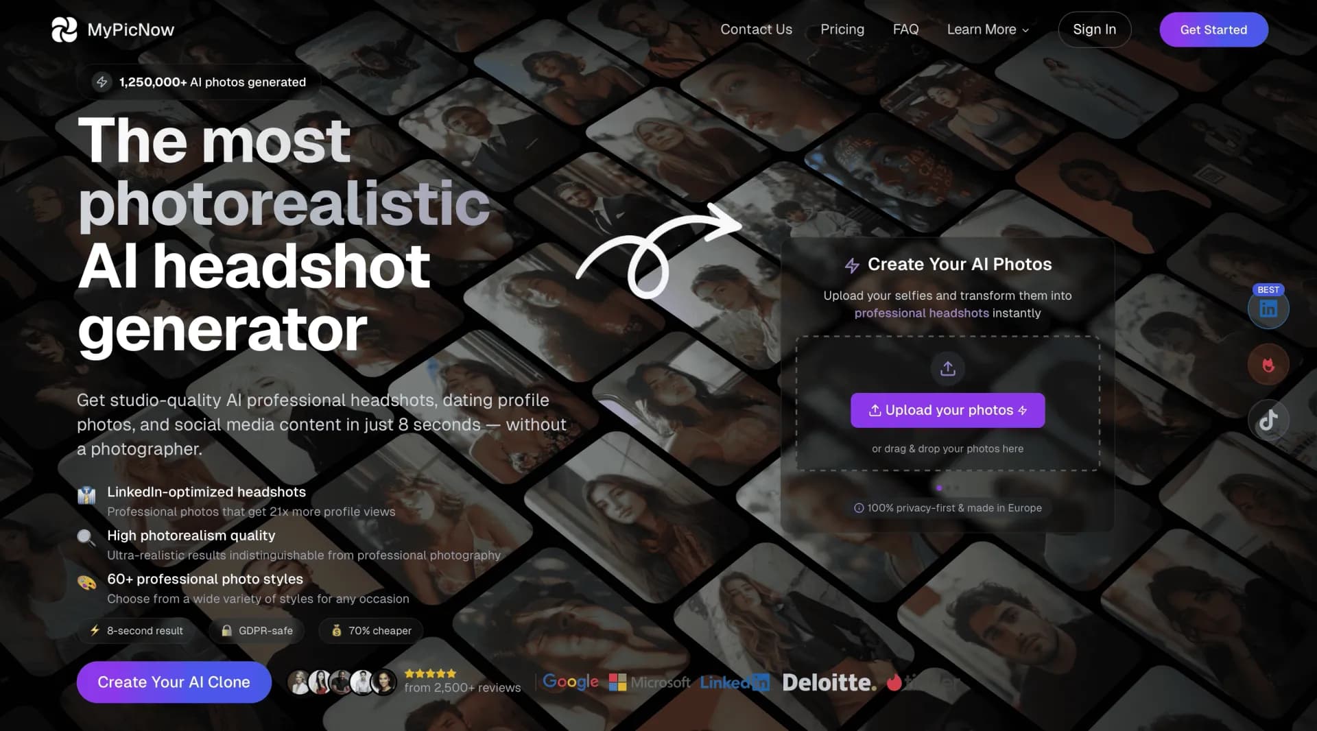 MyPicNow homepage screenshot — Best AI Headshot Generator