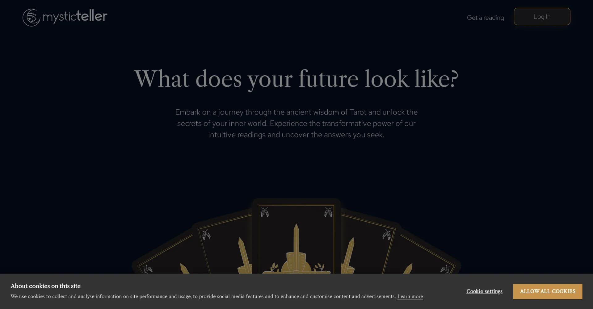Mystic Teller homepage screenshot — Unlock your destiny with online tarot readings