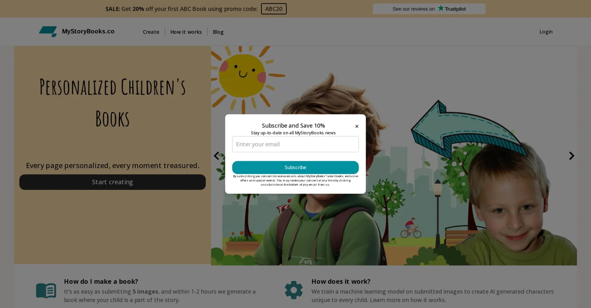 MyStoryBooks homepage screenshot — Create personalized AI storybooks for your child