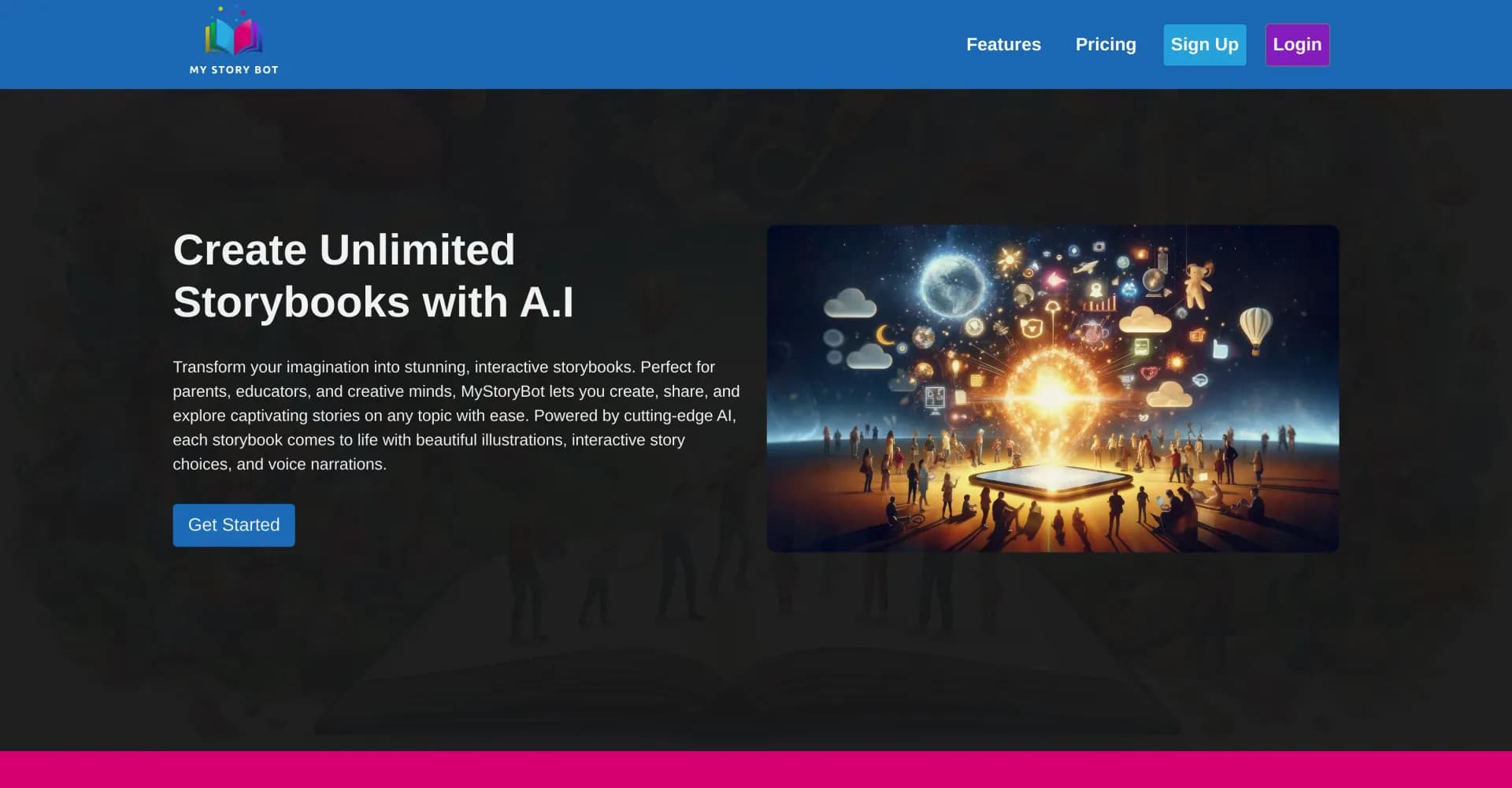 MyStoryBot homepage screenshot — Nurture imagination with AI-powered stories.