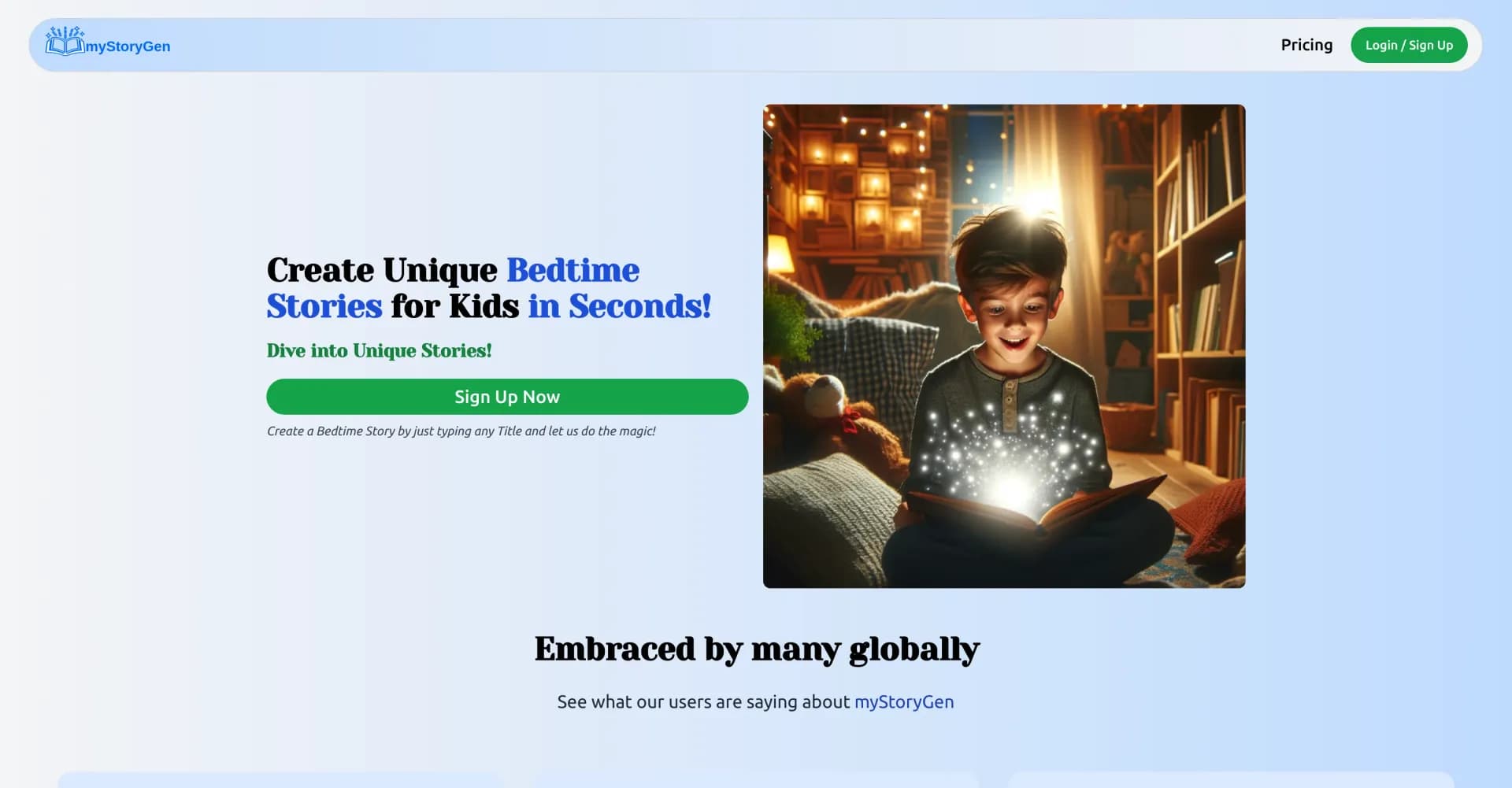 myStoryGen homepage screenshot — Create unique bedtime stories for kids in seconds