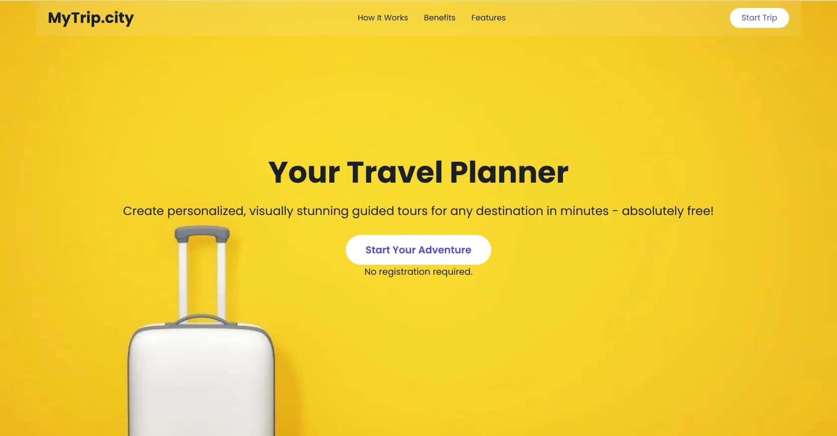 MyTrip.city homepage screenshot — AI-powered travel itineraries in seconds