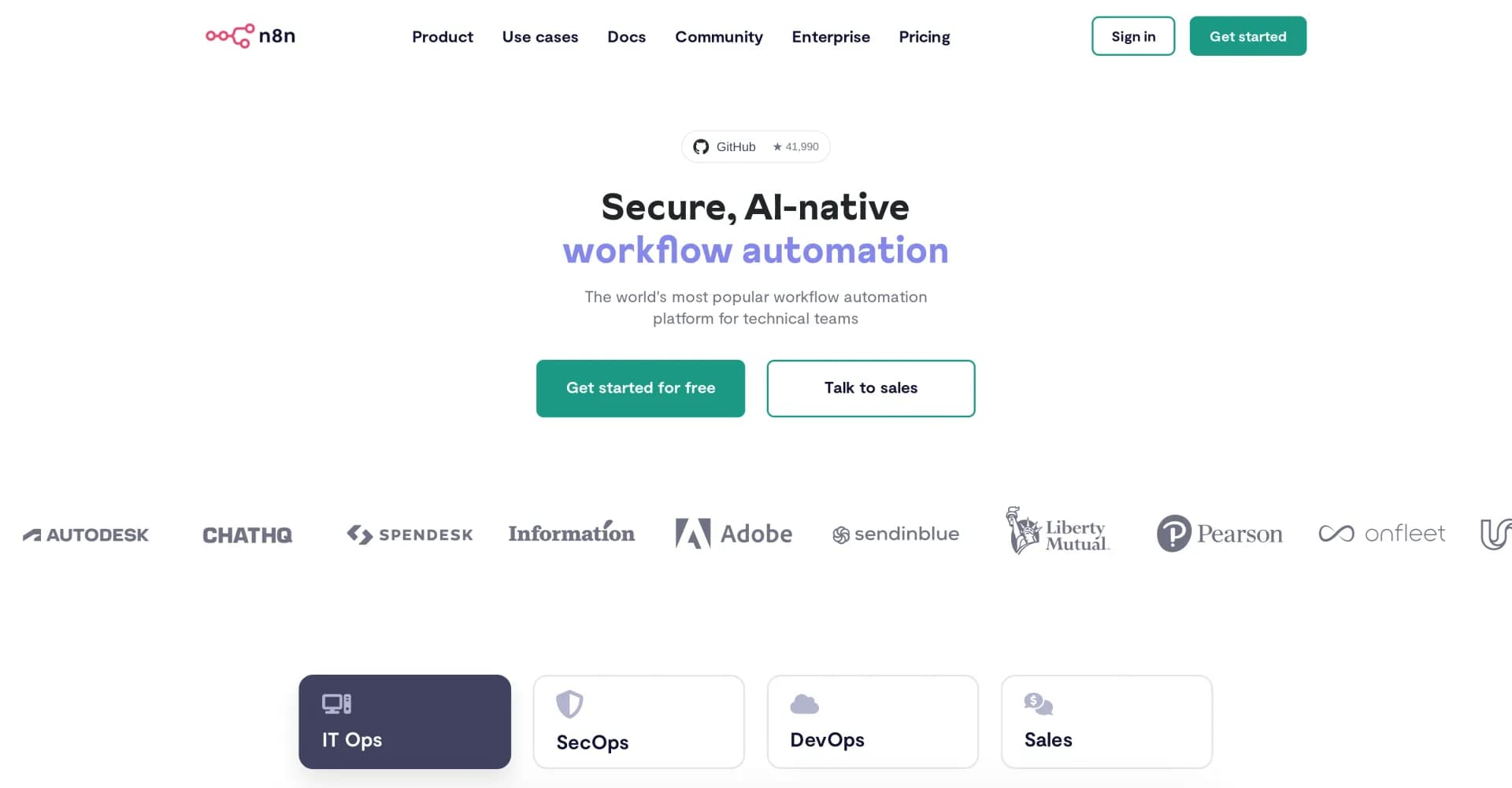 n8n homepage screenshot — Secure AI-native workflow automation for techies.