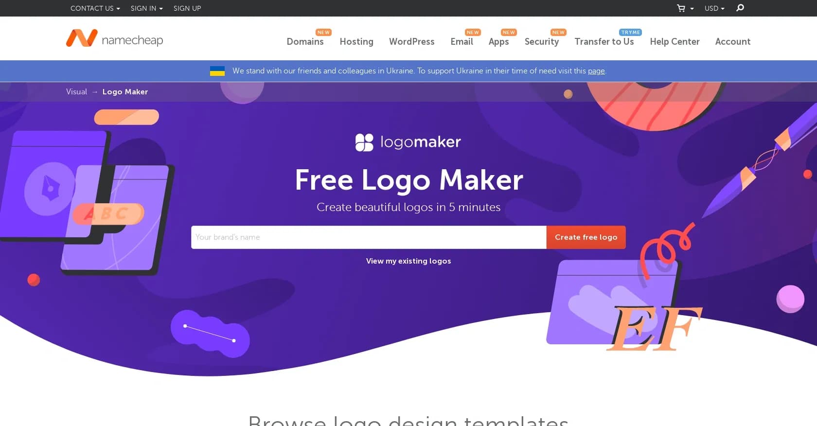 Namecheap Free Logo Maker homepage screenshot — Create custom logos for free in minutes