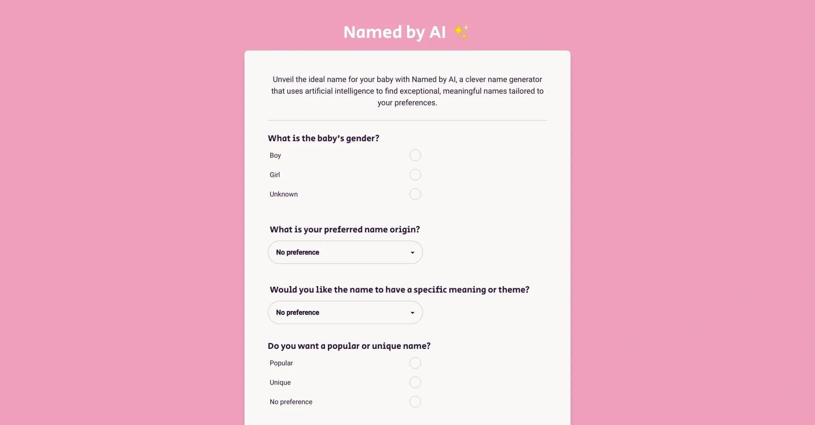 Namedbyai homepage screenshot — Discover unique baby names with AI magic!