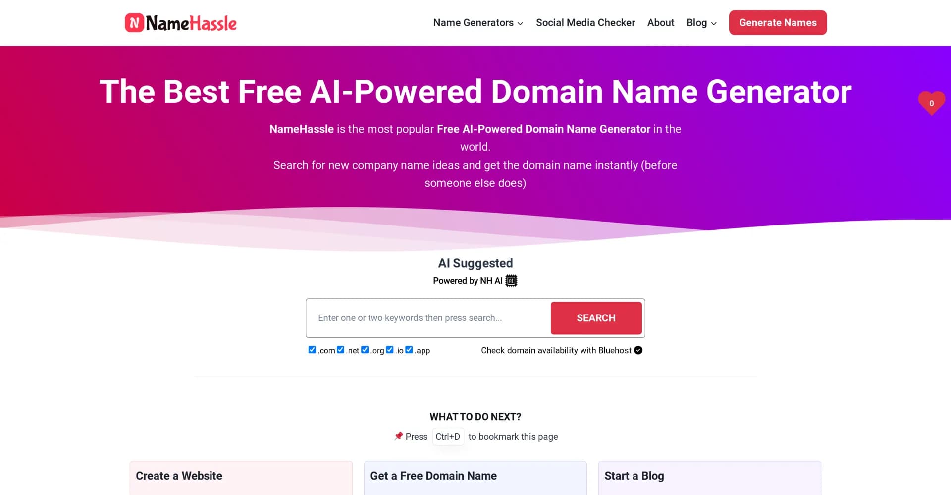 NameHassle homepage screenshot — Instantly generate catchy domain names with AI.