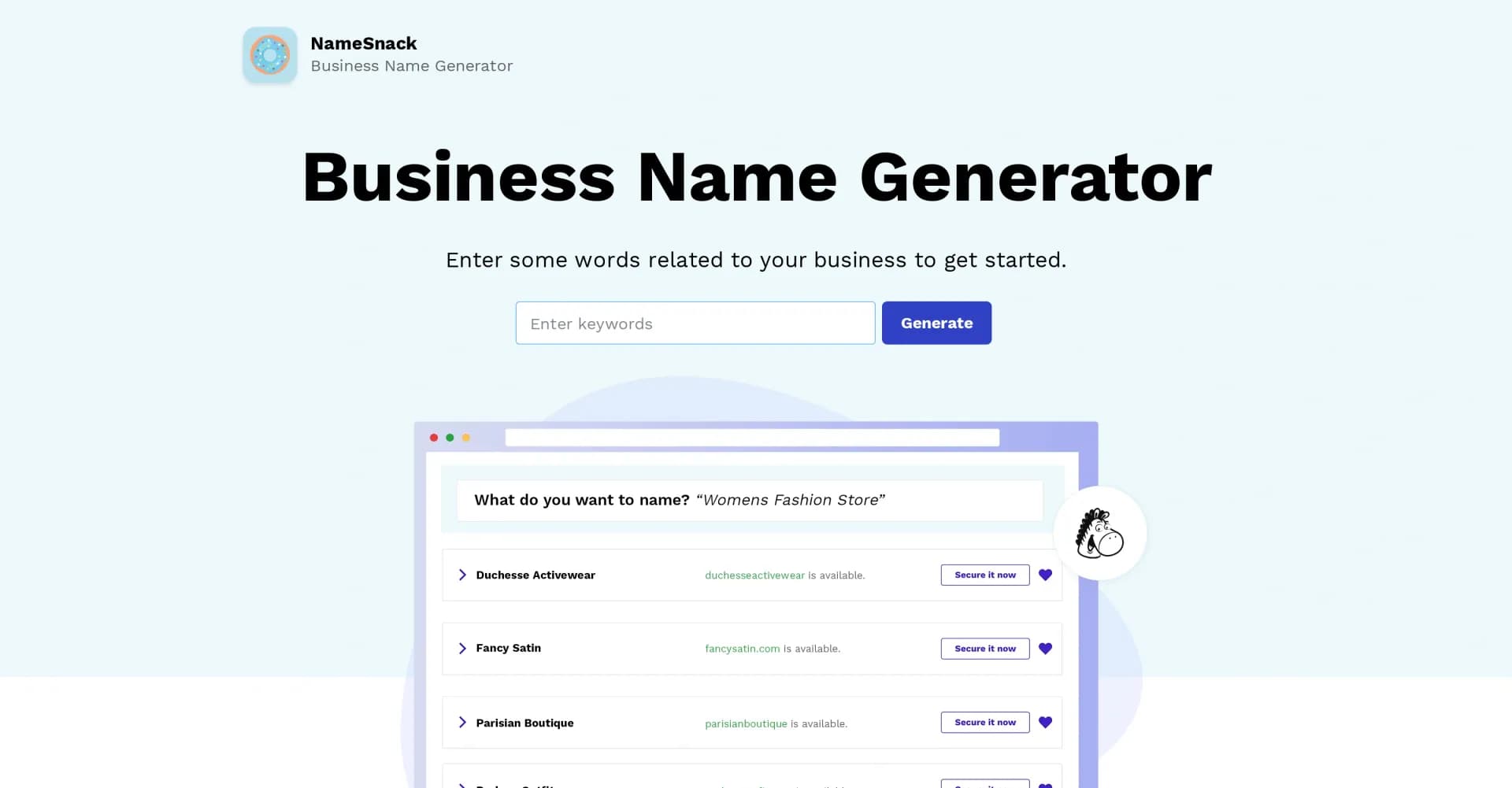 NameSnack homepage screenshot — Generate 100+ brandable business names instantly