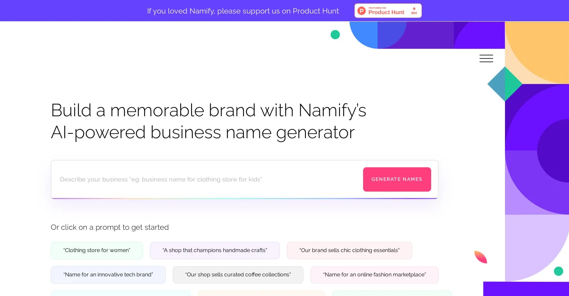Namify homepage screenshot — Generate unique brand names and free logos instantly