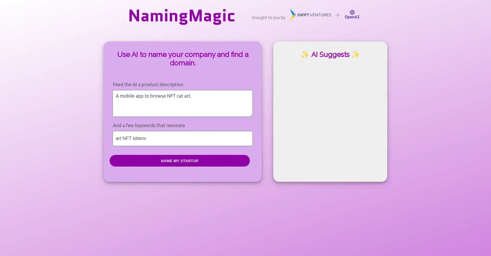 Naming Magic homepage screenshot — AI-powered company naming and domain finder