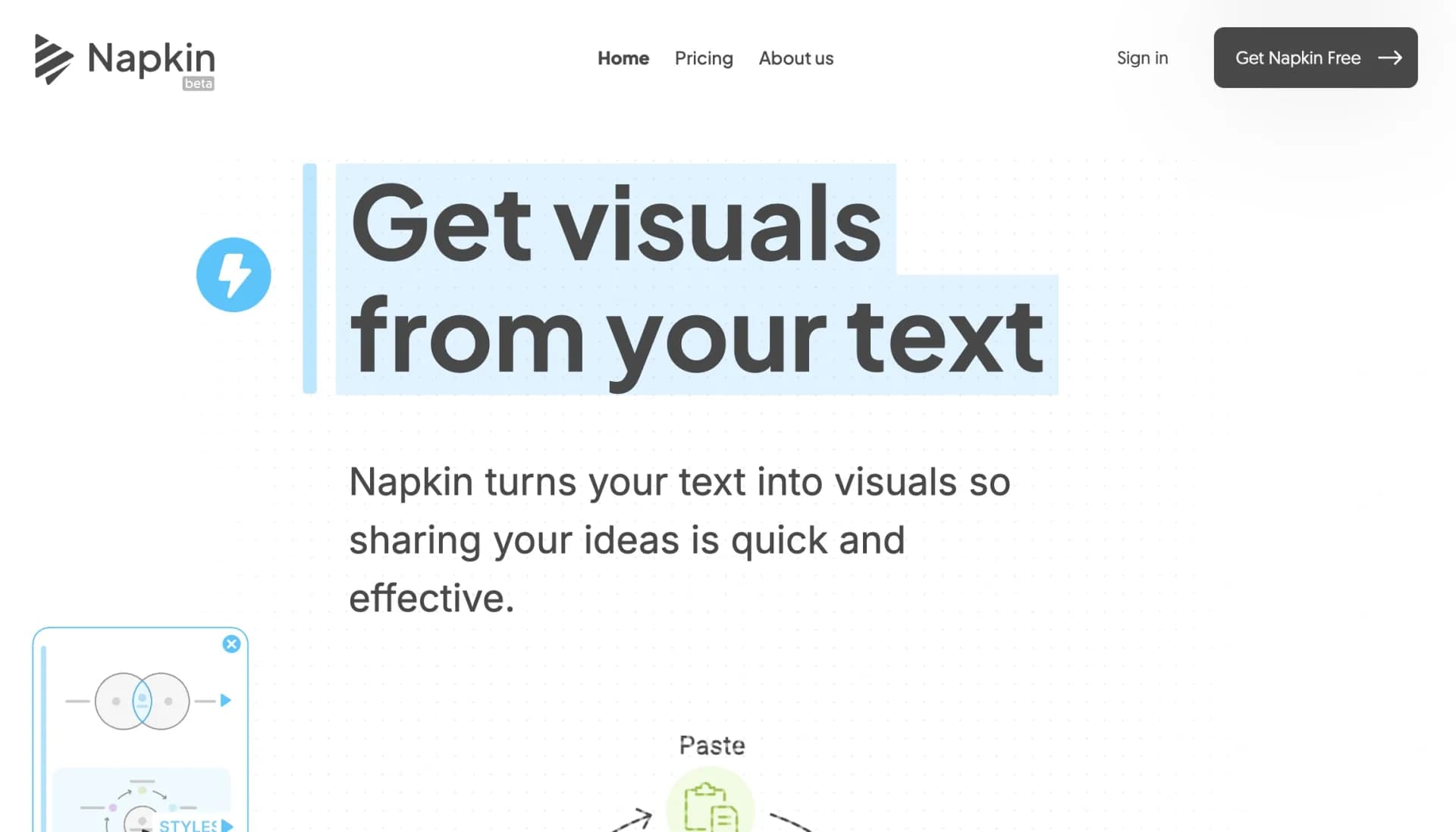 Napkinv1.2 homepage screenshot — Bring your ideas to life with a visual copilot
