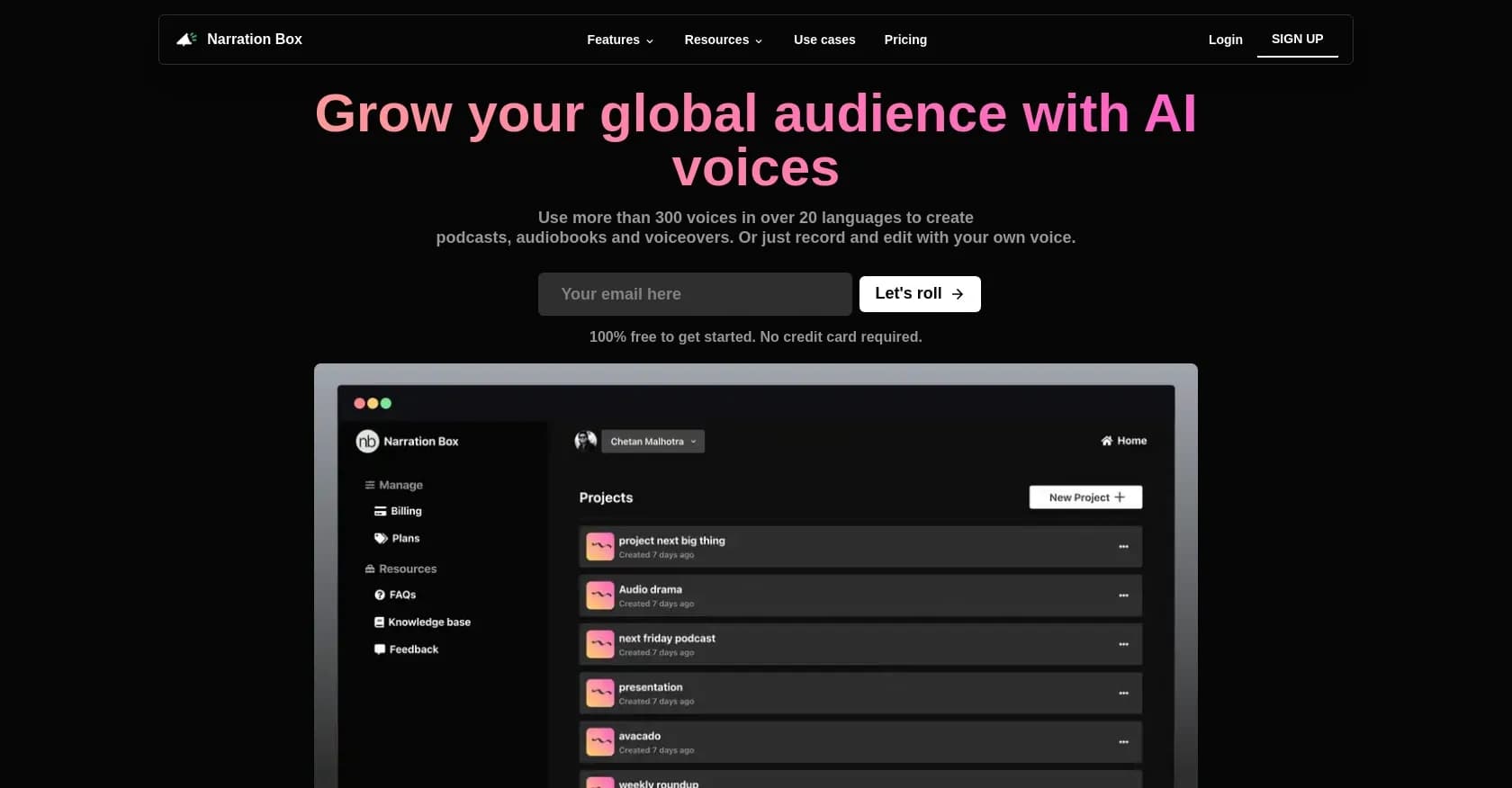 Narration Box homepage screenshot — Turn text into ultra-realistic AI voices and audio content.