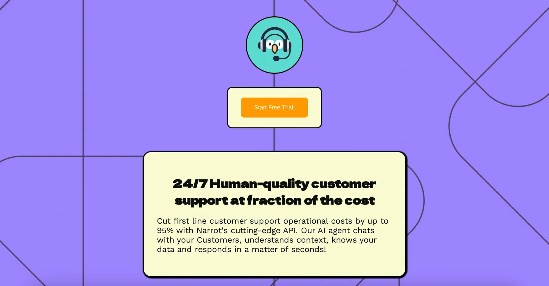 Narrot homepage screenshot — AI-powered customer support automation