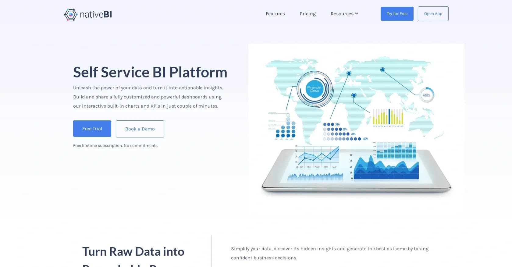 NativeBI homepage screenshot — Turn data into actionable insights with powerful dashboards.