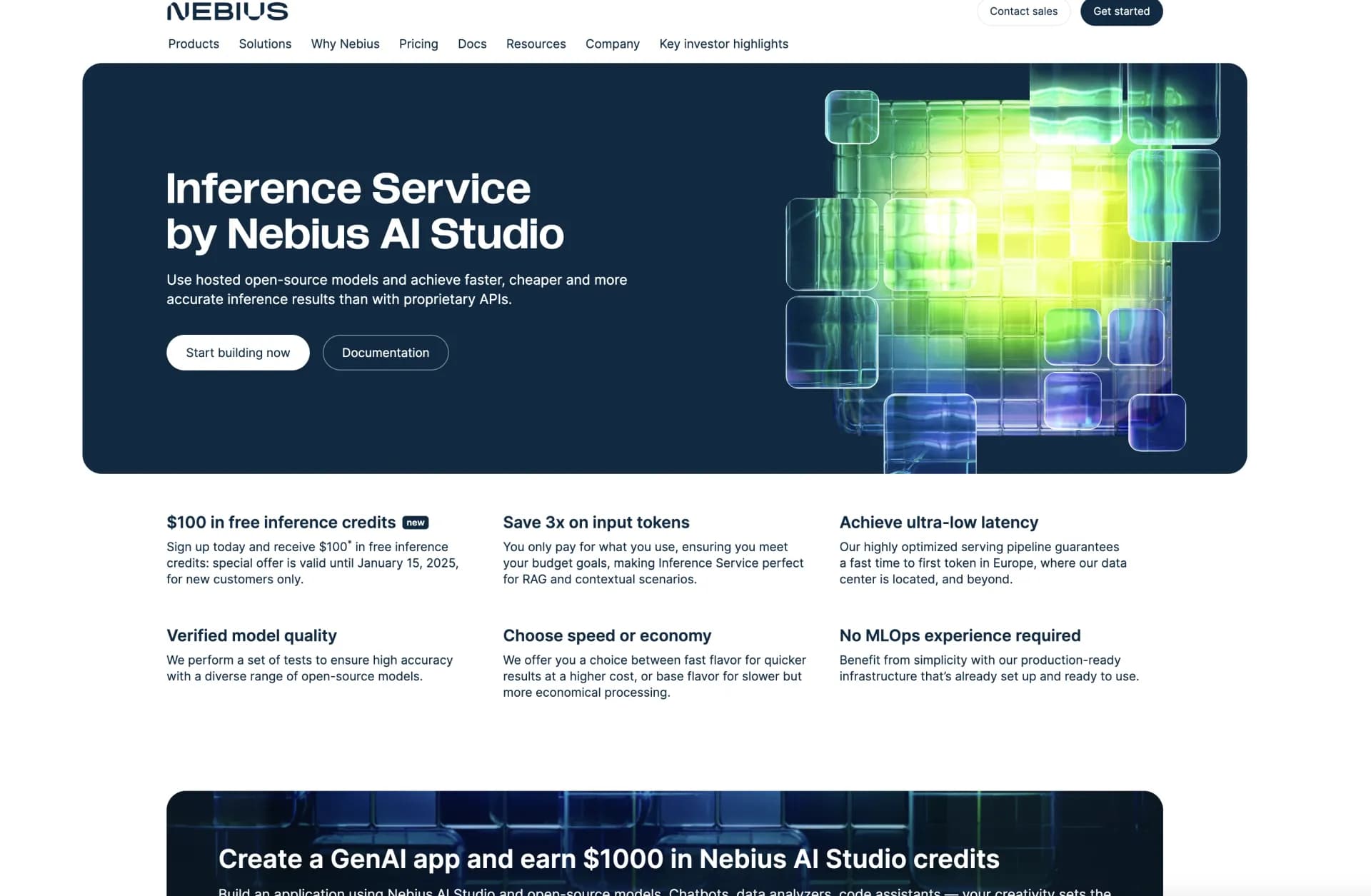 Nebius AI Studio homepage screenshot — Host open-source models for faster, cheaper AI inference.