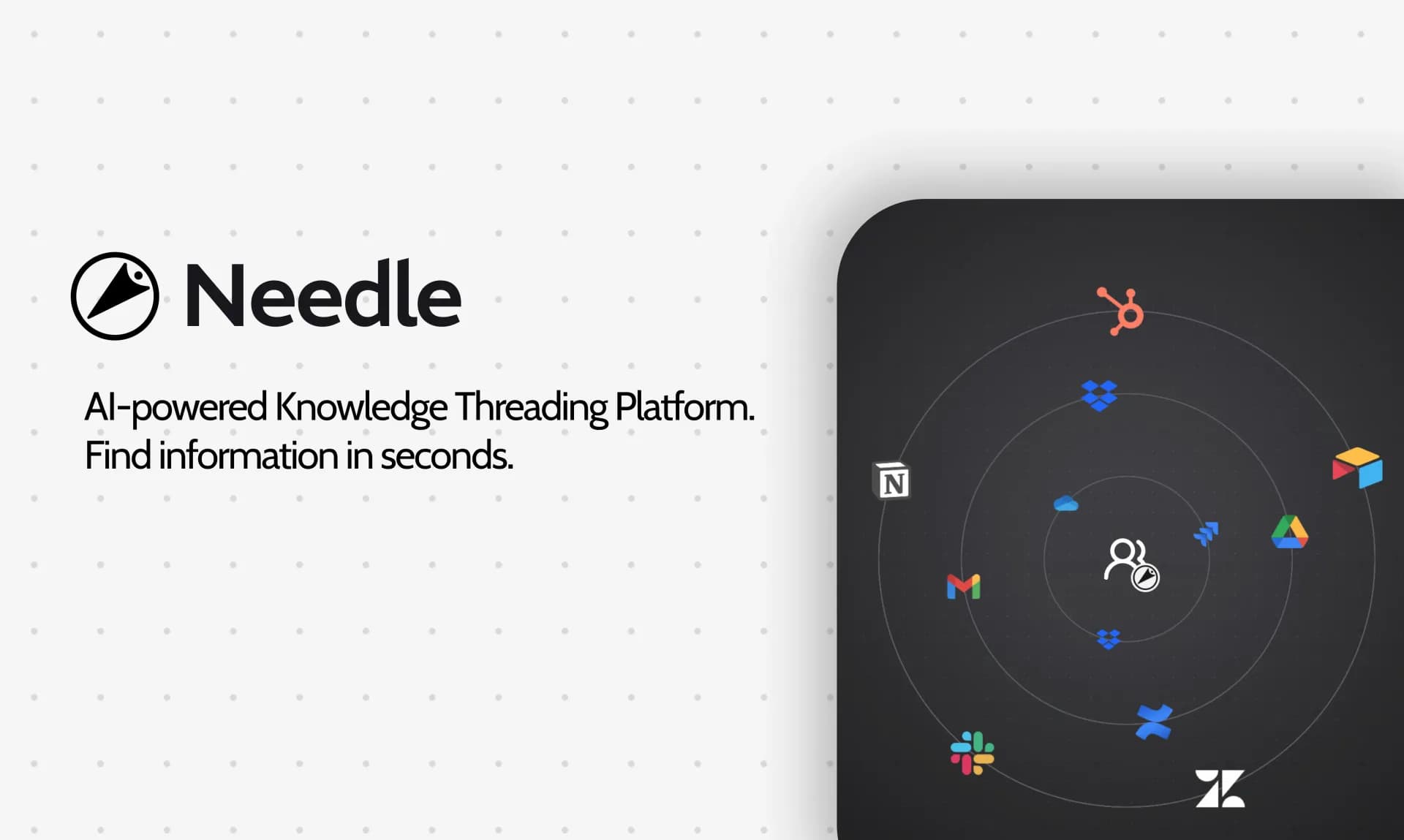 Needle homepage screenshot — AI-powered knowledge discovery across all data sources.
