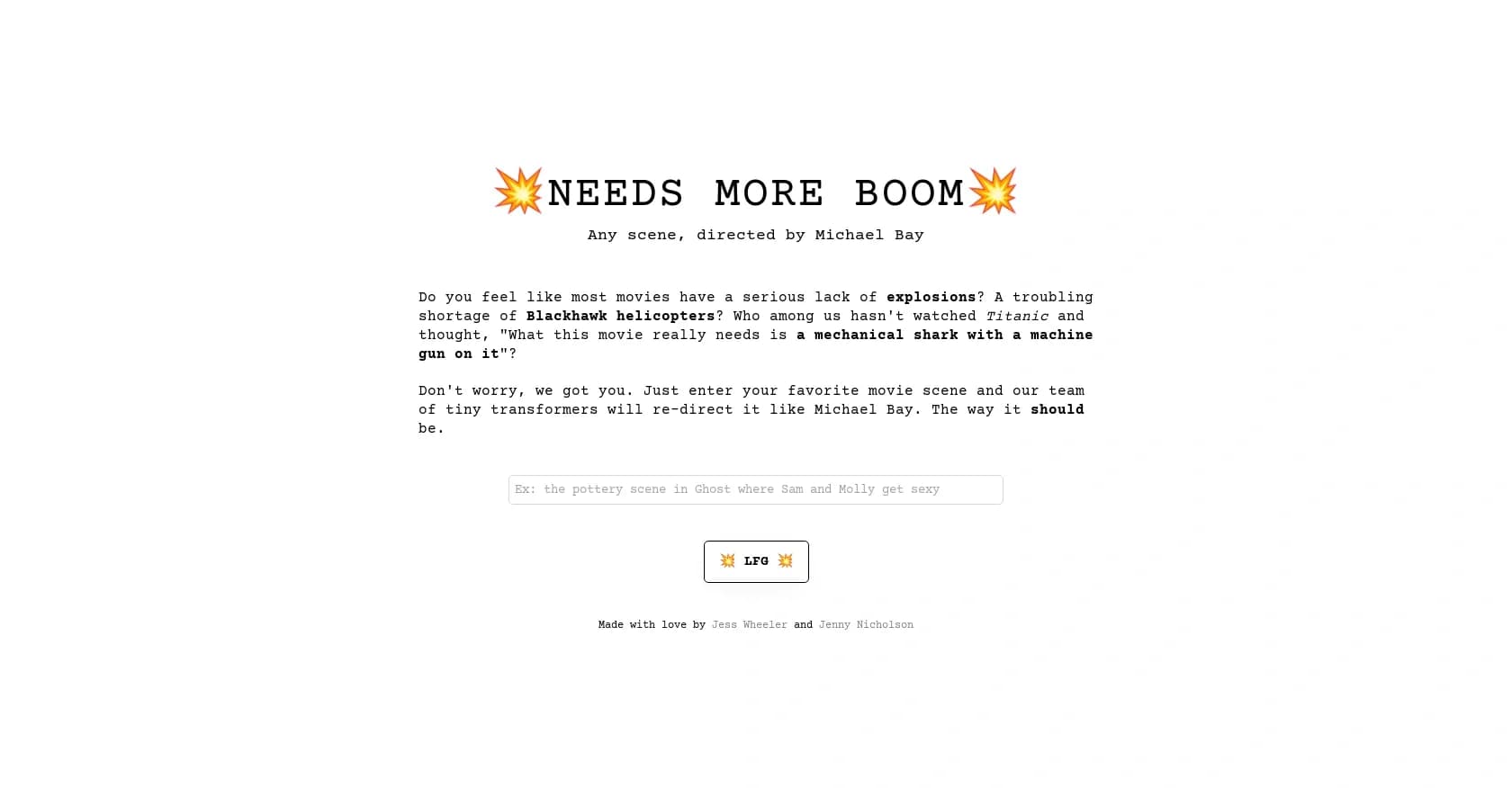 NeedsMoreBoom homepage screenshot — Transform any movie scene into a Michael Bay-style spectacle