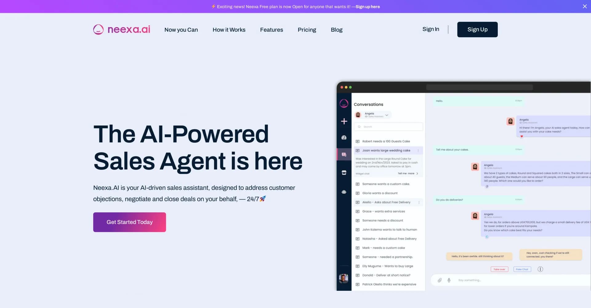 Neexa AI homepage screenshot — AI sales assistant closes deals 24/7