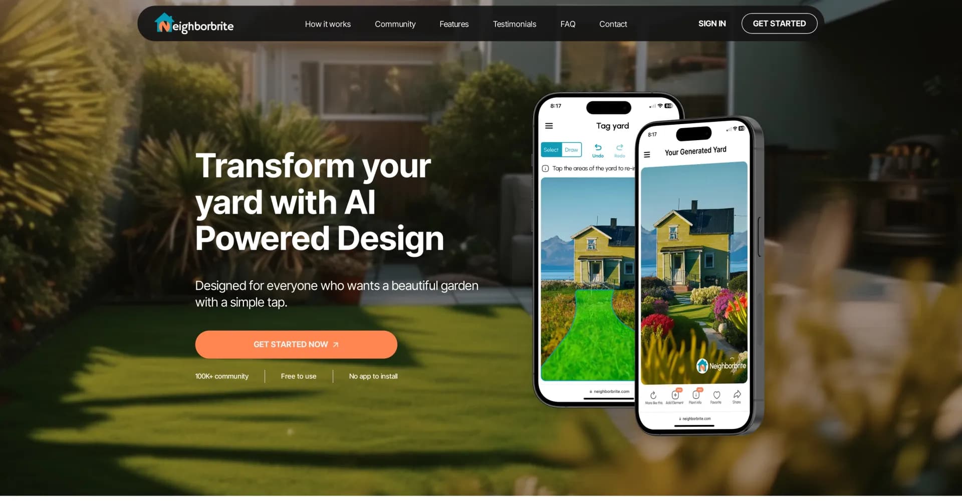 Neighborbrite homepage screenshot — Transform your yard with AI-powered design inspiration