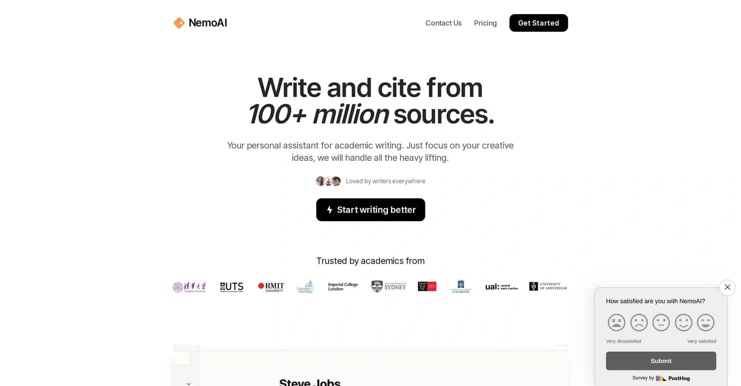 NemoAI homepage screenshot — Write and cite from 100+ million sources at lightspeed.