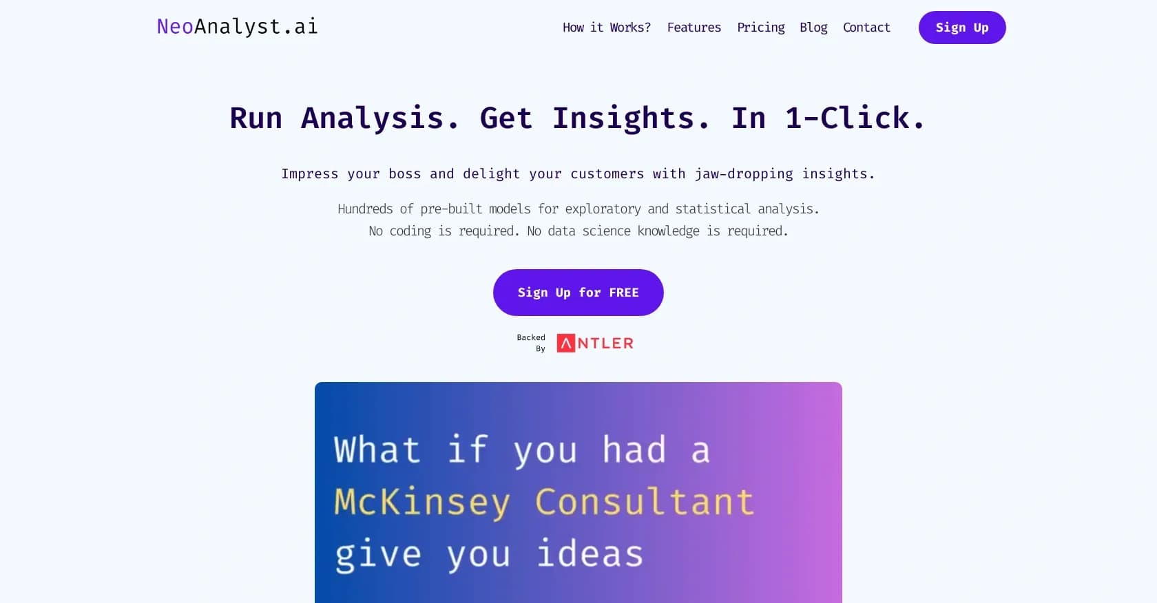 NeoAnalyst homepage screenshot — Run analysis, get insights, in 1-click.