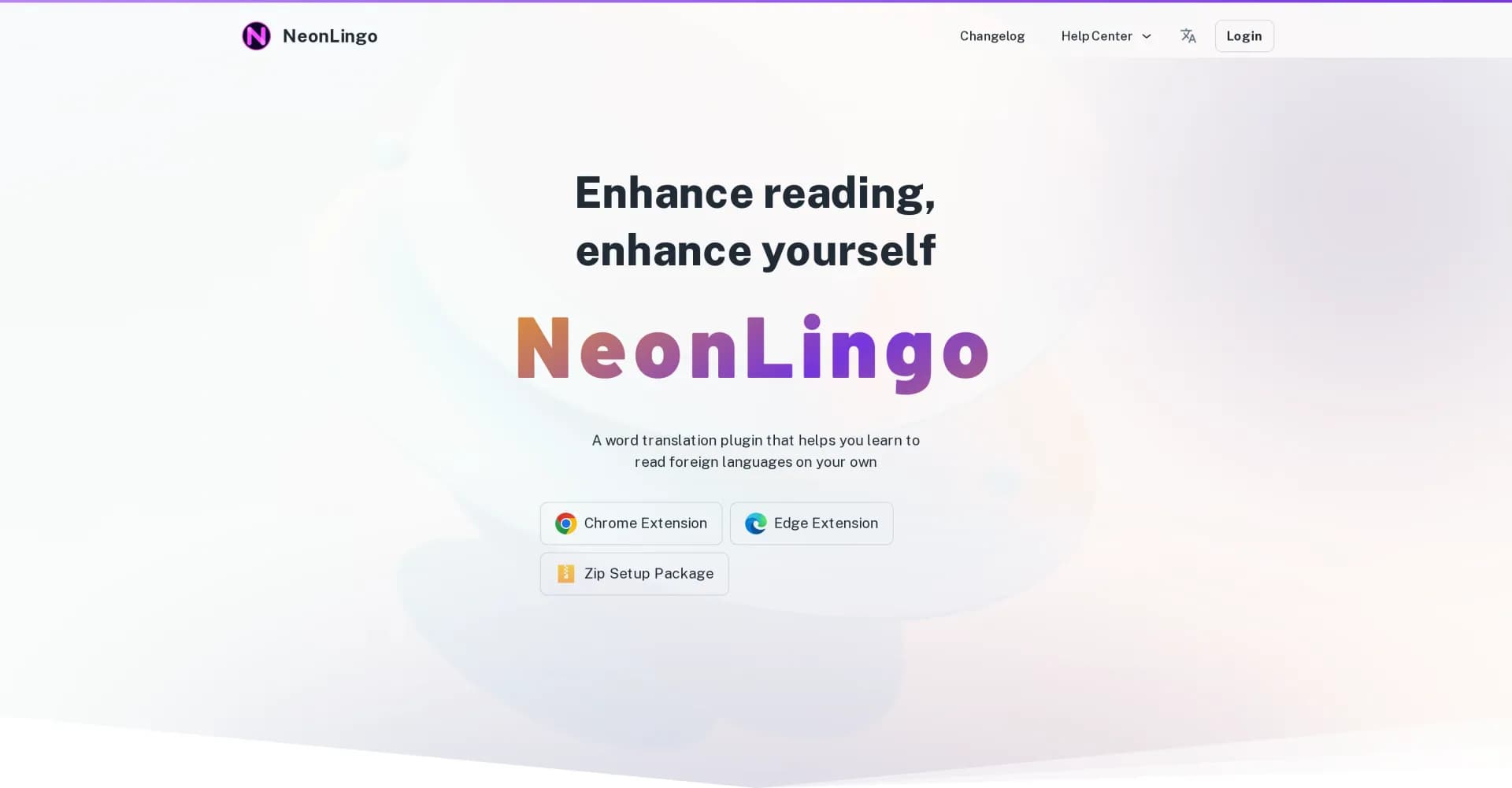 NeonLingo homepage screenshot — Learn languages while browsing with instant translations.