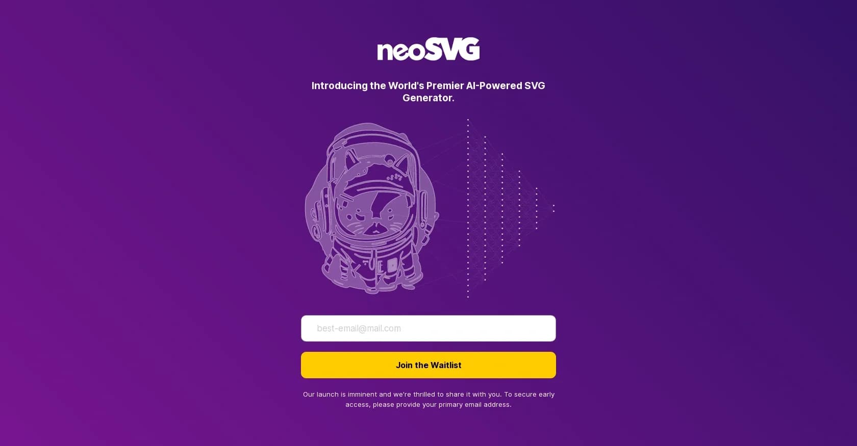 NeoSVG homepage screenshot — AI transforms text into stunning SVG graphics.