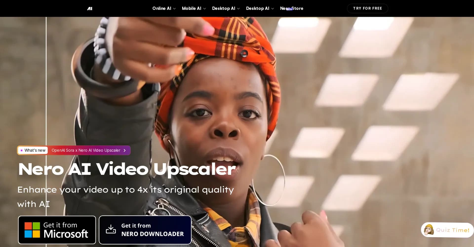 Nero AI Video Upscaler homepage screenshot — Enhance video to 4K with AI magic