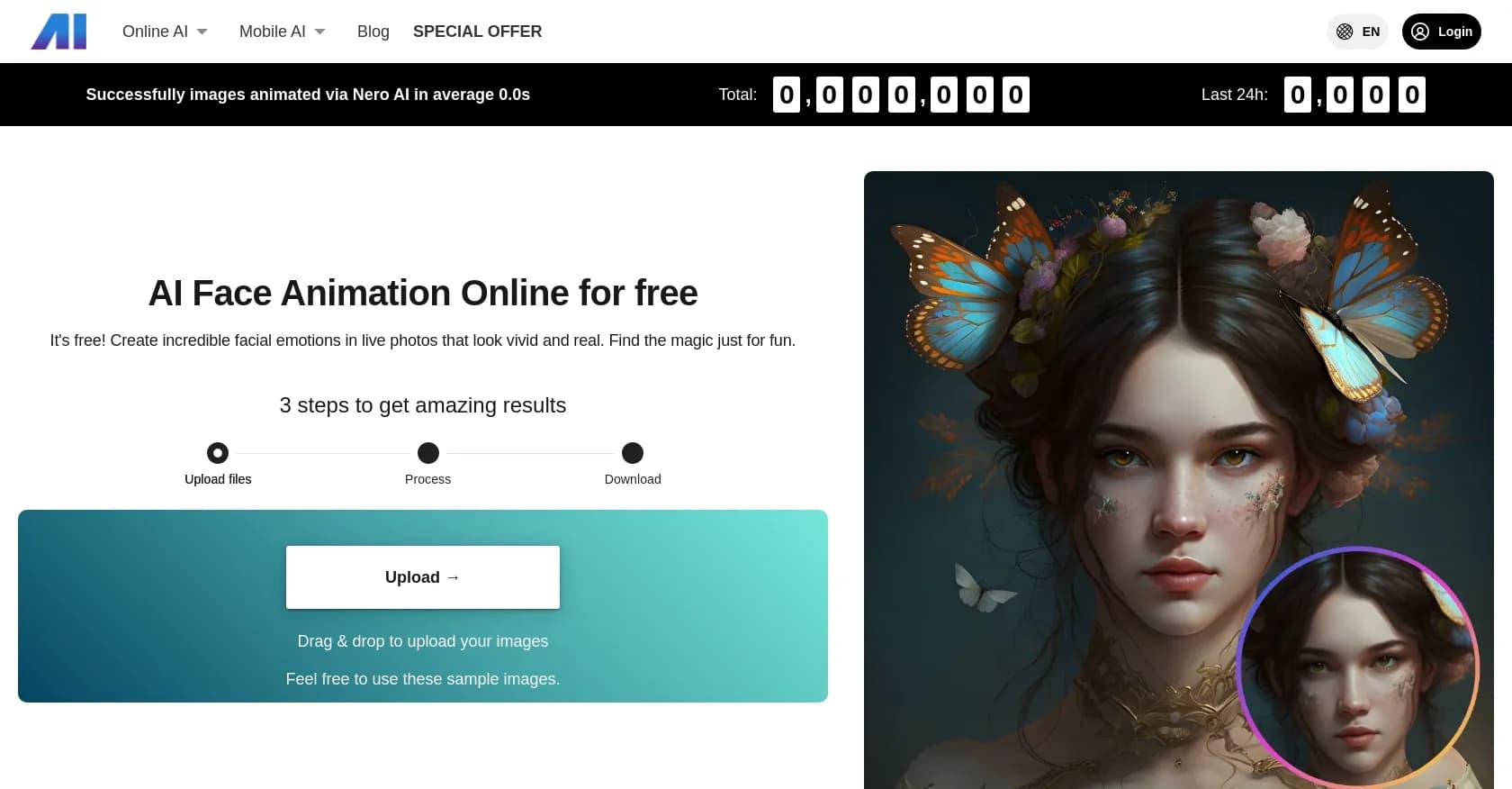 Nero Face Animation homepage screenshot — Animate photos with vivid facial emotions for free