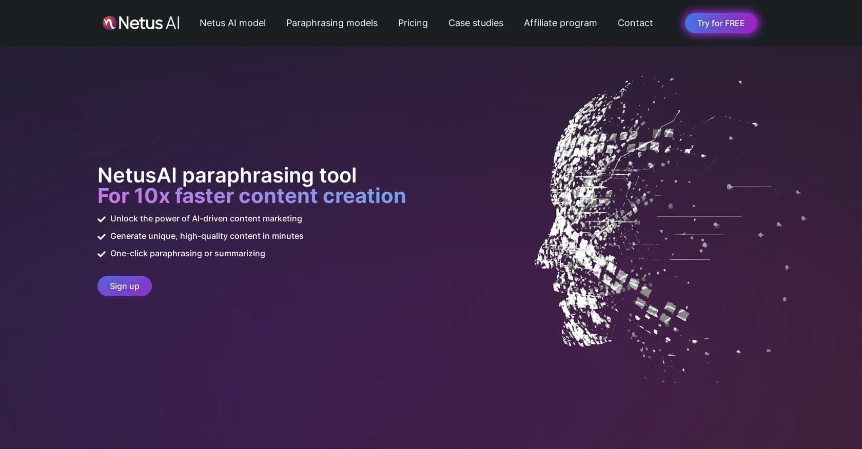 Netus homepage screenshot — Undetectable AI paraphrasing that beats any detector.