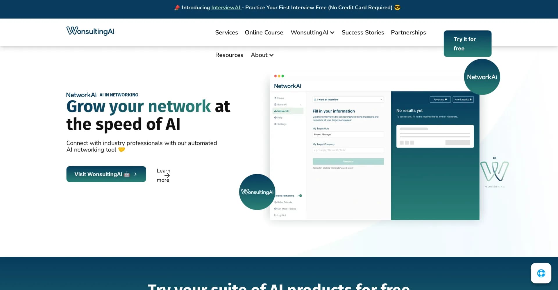 NetworkAI homepage screenshot — Grow your LinkedIn network with AI-powered connections.