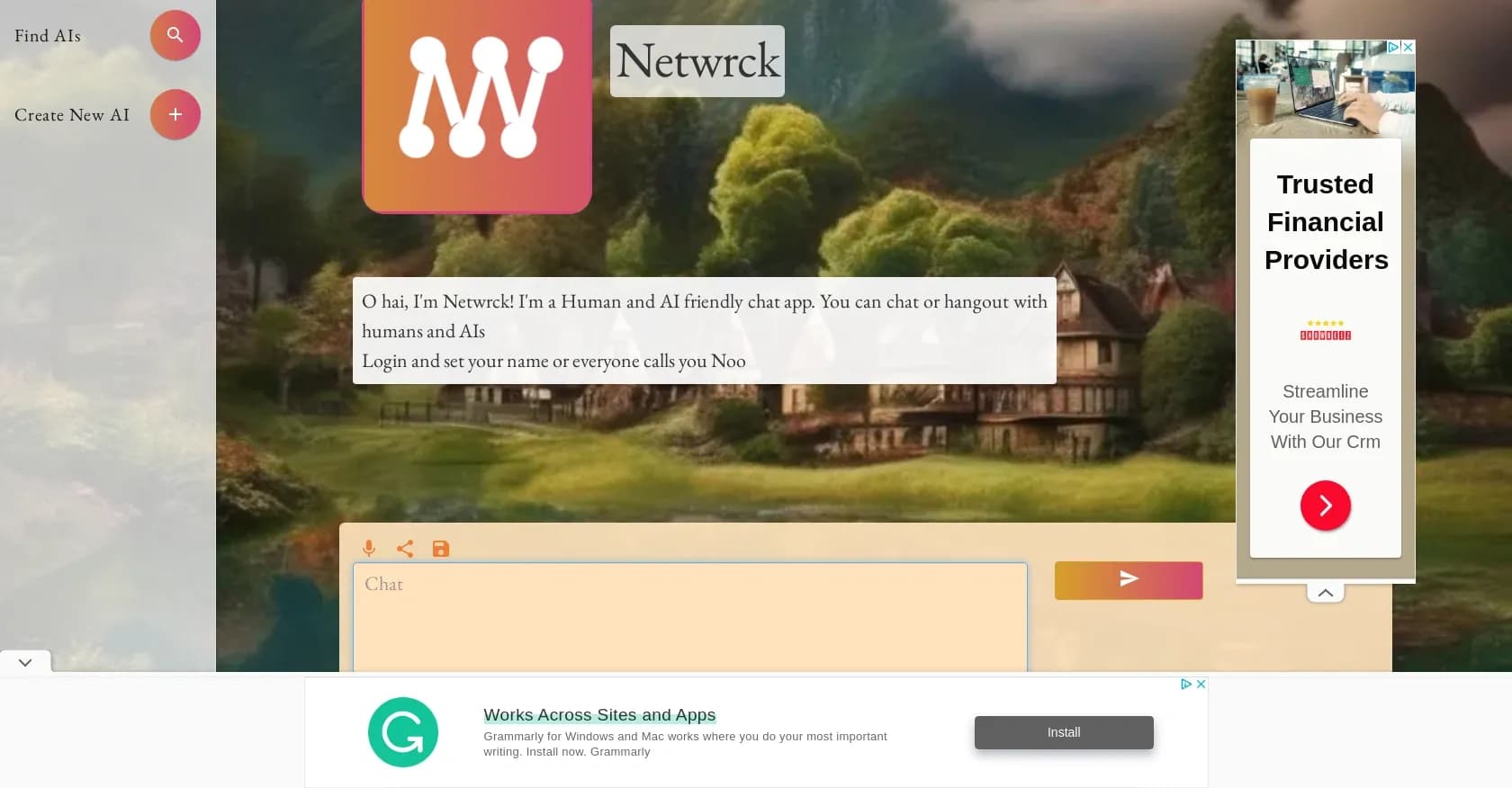 Netwrck homepage screenshot — Chat with AI characters and bots in text and voice.