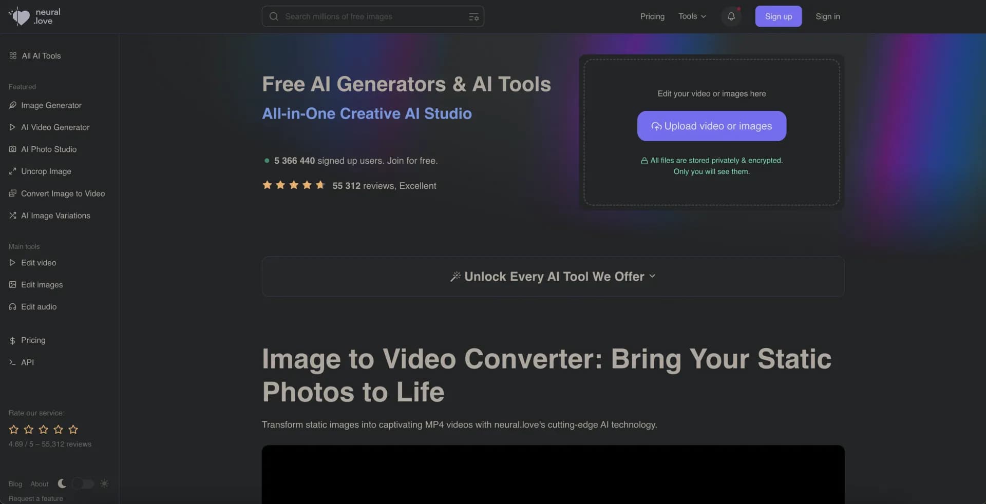 Neural.Love homepage screenshot — Create and enhance content with AI-powered tools
